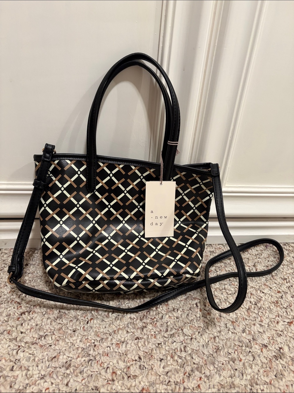 a new day Black Tote with Cream & Tan Lattice Pattern